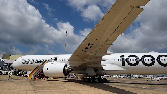 The Airbus A350-1000 at Sydney Airport on Monday. 