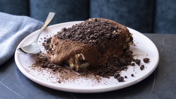 Chocolate crumble-topped tiramisu.