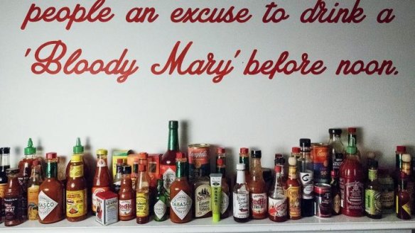 Bloody Mary's shelf of hot sauces.