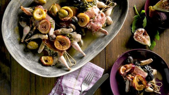 Quail saltimbocca with vine leaves, figs and olives.