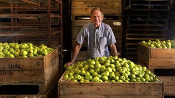 Barry Aumann with his crates of picked Granny Smith apples at his Warrandyte Orchard.