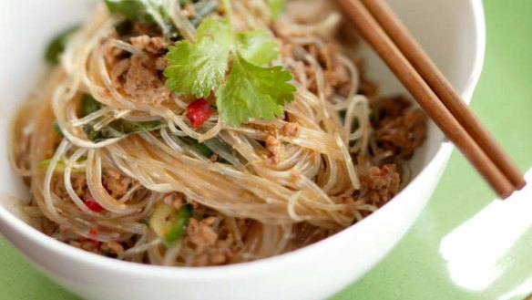 Spicy pork and noodle stir-fry.