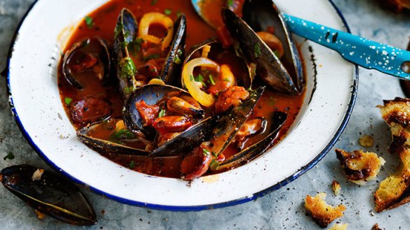 Steamed mussels with fennel, garlic and chorizo.
