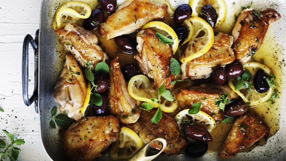 Braised chicken (or use fish) with lemon, oregano and olives.