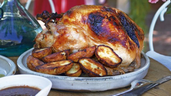 Roast turkey with prune and orange stuffing and Cumberland sauce.