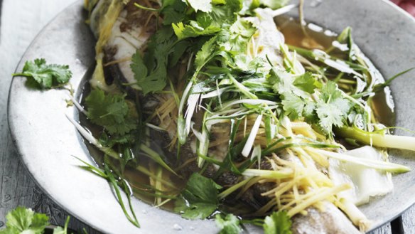 Steamed snapper with ginger and green onions.