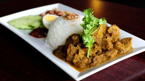Malaysian tapas: Nasi lemark with beef rendang.
