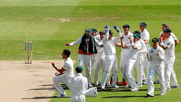 Controversial call: Mitchell Starc celebrates taking the wicket of Jonathan Trott.