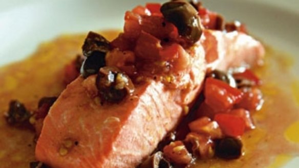 Poached ocean trout with olive salsa