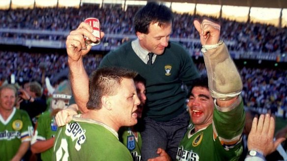 Glen Lazarus and Mal Meninga hoist Tim Sheens aloft in 1989.