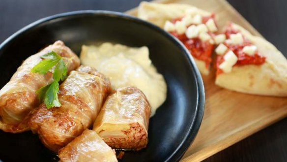 Cabbage rolls and avjar-slathered pide.