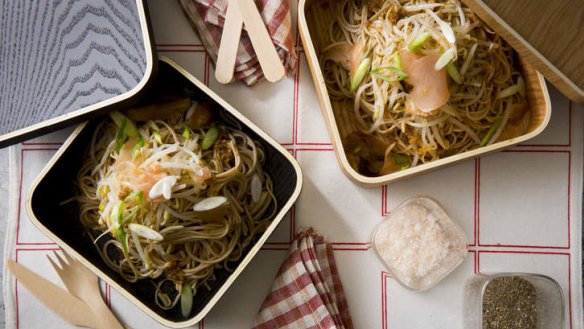 Cold Soba noodles with beansprouts, soy and ginger. Styling by Caroline Velik.