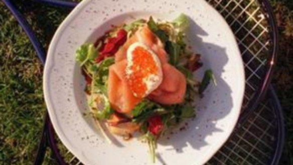 Warm salad of poached salmon, fennel and asparagus with citrus