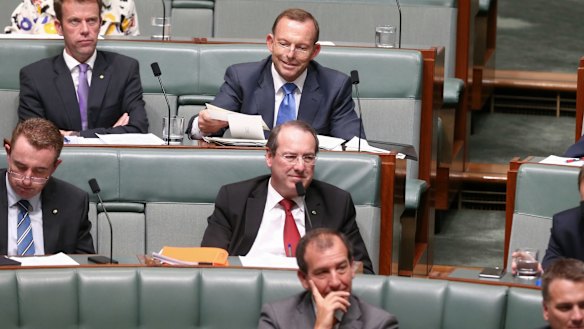 Former prime minister Tony Abbott and Special Minister of State Mal Brough during  question time on Thursday.