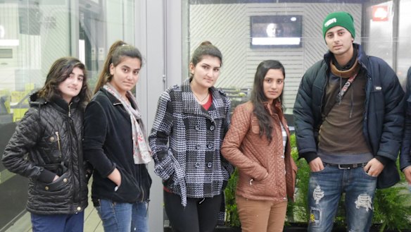 Yazidi refugees at Serres camp in northern Greece (from left): Mayada, 13, Shirin, 16, Zahra, 18, Manisa, 21, and Hashim, 18. 