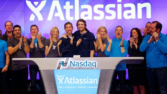 Atlassian co-founders Scott Farqujar (left) and Mike Cannon-Brookes (right) at the Nasdaq listing in 2015: Shares in Australia's biggest tech export hit a record this week.