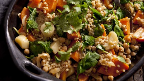 Vegetarian one-pot with sweet potato, pumpkin and pearl cous cous.