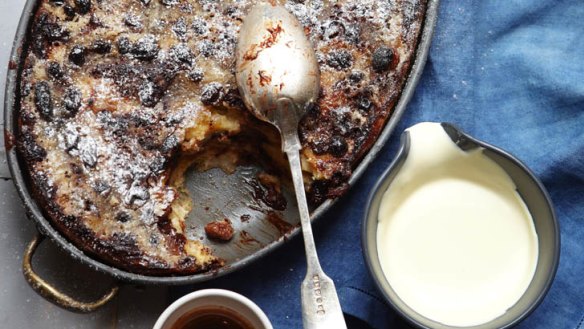 Rum, raisin and chocolate bread and butter pudding.