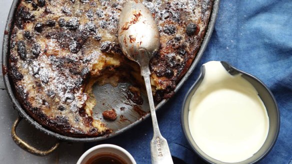 Rum, raisin and chocolate bread and butter pudding.