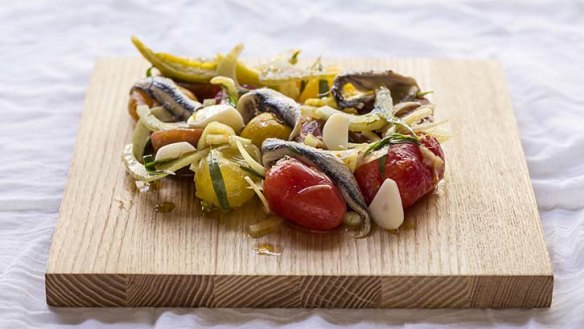 Frank Camorra: Heirloom tomatoes with white anchovies and pickled garlic.