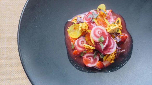 Pretty Time: Summer berry salad with beetroot and strawberry sorbet.