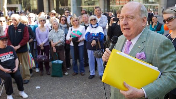 Alan Jones speaks at an anti-Clover Moore rally in August.