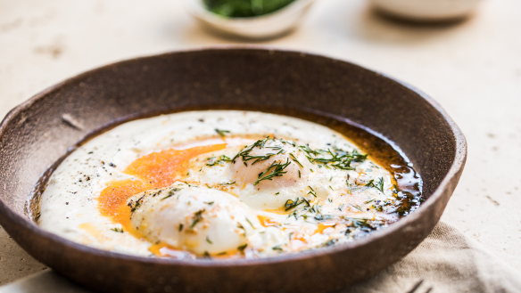 Turkish cilbir - poached eggs with yoghurt.