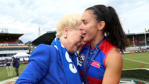 Former Bulldogs Vice President Susan Alberti celebrates with Nicole Callinan of the Bulldogs after the AFLW grand final match in March.