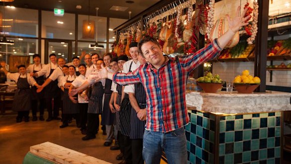 Chef Jamie Oliver visits his Canberra restaurant Jamie's Italian in 2017.