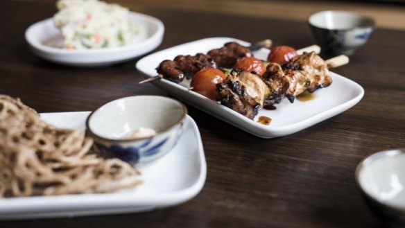 Yakitori, lotus root chips and potato salad at Tokyo Bird.