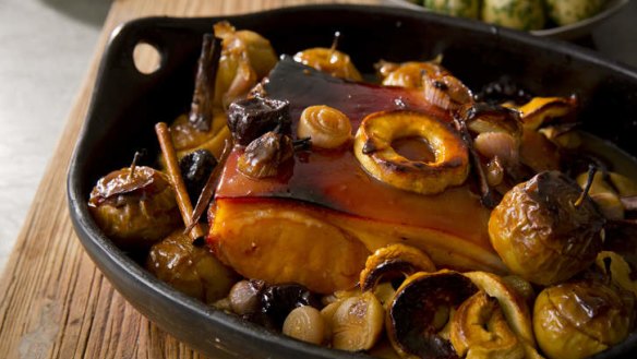 Cider-braised smoked bacon with apples and prunes.