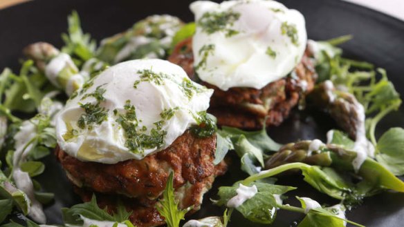 Poached eggs on zucchini and mint fritters is a go-to dish.