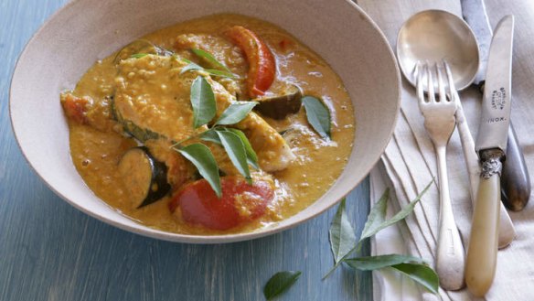 Mackerel curry with tomatoes and eggplant.