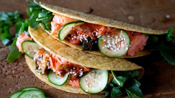 Cuisine mash-up in a hot, crunchy shell: Salmon and kimchi tacos.