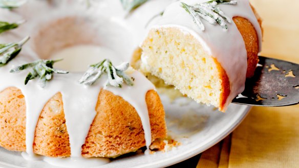 Yotam Ottolenghi's rosemary, olive oil and orange cake with crystalised rosemary sprigs.