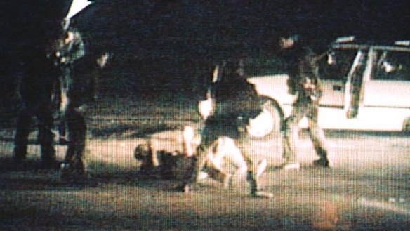 A still from a video showing the March 3, 1991 incident in Los Angeles in which Rodney King (on ground) was beaten by police officers.