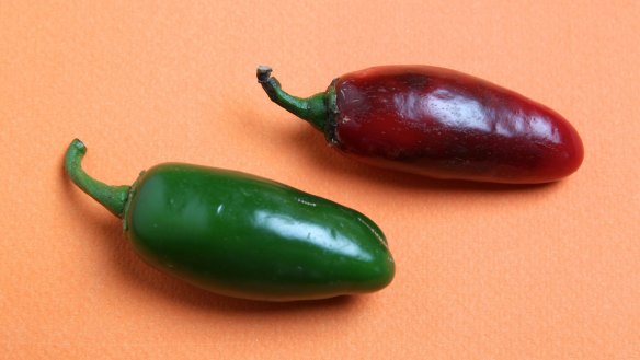 Fresh jalapeno chilles are grassy green (left) and are known as huachinangos once they ripen (right).