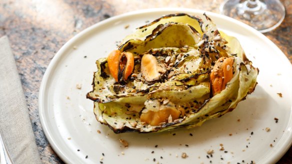 Charred cabbage with mussels at The Agrarian Kitchen. 