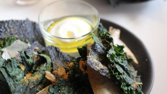 Kale, kelp and taro chips with goat's curd and olive-oil dip.