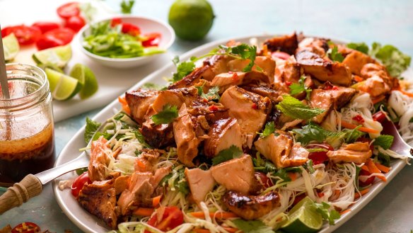 The dressing (left) does double duty as a marinade for this flaked, glazed salmon.