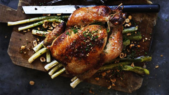 Autumnal roast chicken with cider vinegar and hazelnuts.