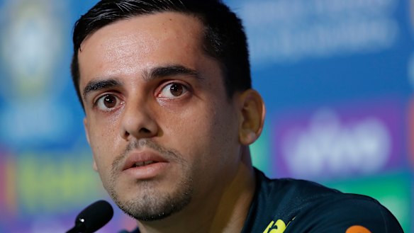 Brazil's Fagner looks on during a press conference in Sochi.