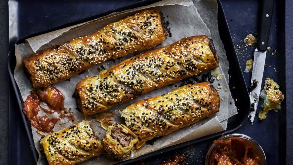 Sticky Korean beef sausage rolls with kimchi. 