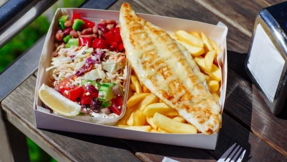 The grill pack at Australian Seafood Fish and Chippery comes with a side salad.
