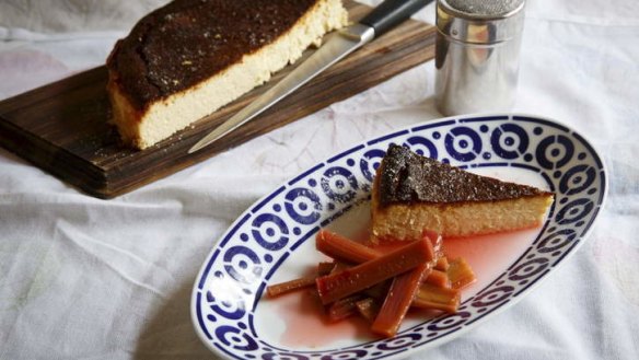 The tartness of rhubarb pairs perfectly with this goat's milk cheesecake.