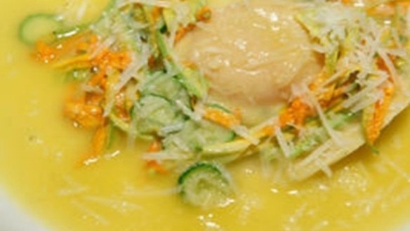 Steamed spanner crab wonton ravioli with shredded root vegetable salad and coriander and shiso dressing