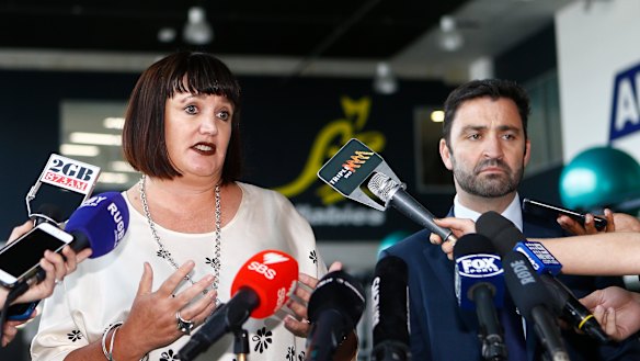 Meeting: Rugby Australia chief executive Raelene Castle and Waratahs chief executive Andrew Hore front the media to discuss their meeting with Israel Folau.