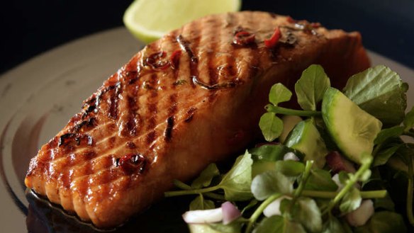 Barbecued ginger and soy glazed salmon.