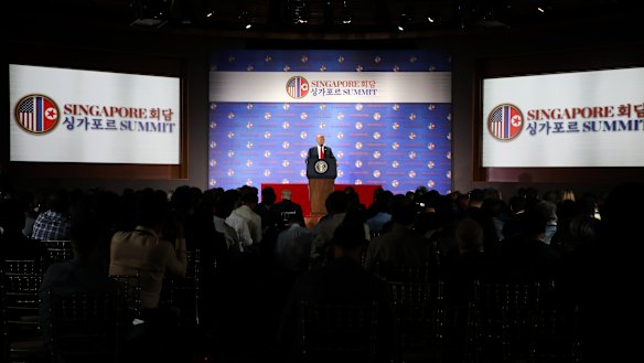 US President Donald Trump speaks during a news conference following the DPRK-USA Singapore Summit in Singapore.