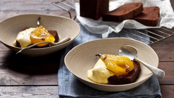 Chocolate cake, roasted pears and vanilla custard are made for each other.